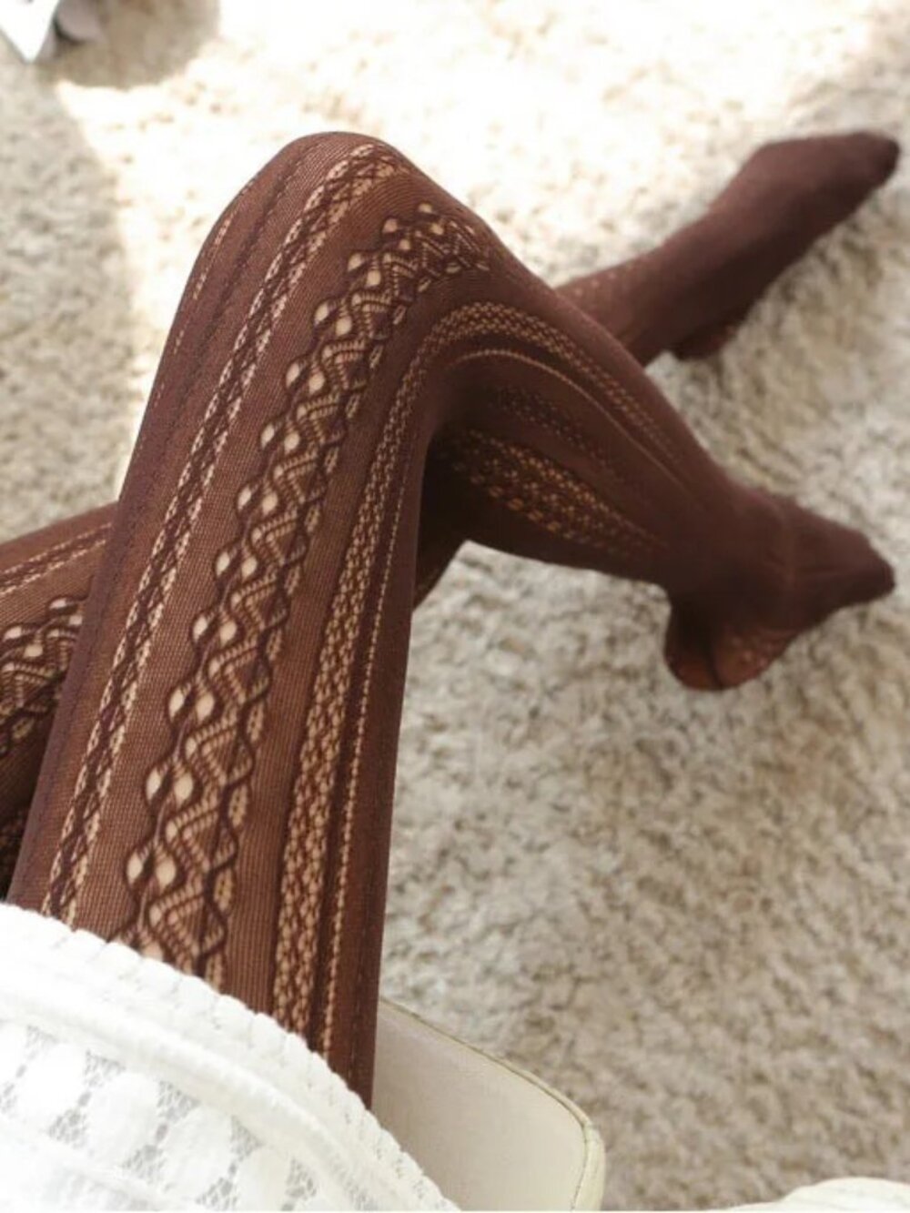 Women's Jacquard Hollow Out Lace Knit Pattern Brown Fishnet Tights Pantyhose